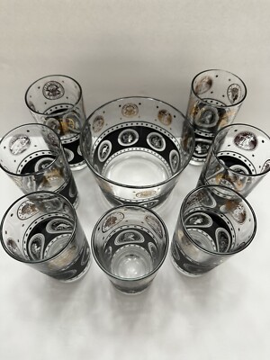 Libbey Black Gold Glasses & Ice Bucket MCM High Ball Tumblers Coins Set Of 8 Pcs