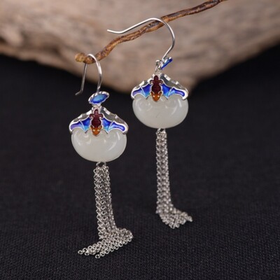F05 bunte Fledermaus auf heller Jade Sterling Silber 925 Quasten