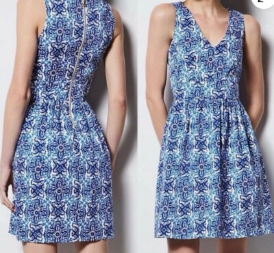 Milly for Design Nation Dress Womens 10 Blue White Print Fit Flare Banvin V Neck
