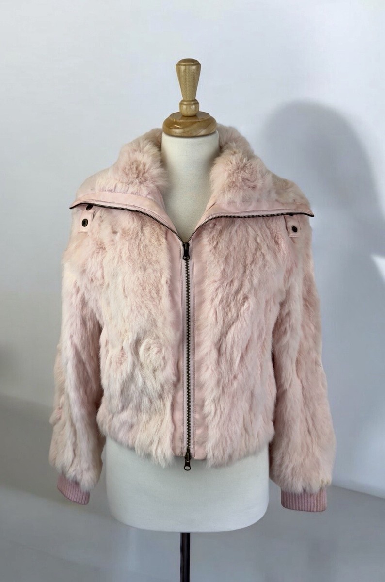 Light Pink Real Fur Plush Zip Bomber Jacket Coat Fun Y2K Light Pink Real Fur Plush Zip Bomber Jacket Coat Fun Y2K