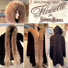 Vtg Fleurette Size 12/large Black Camel Hair & Genuine Tanuki Fur Hooded Coat