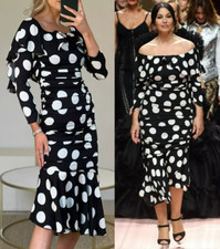 Dolce & Gabbana Runway SS2019 Ruffle Silk Polka Dot Ruched Black Maxi Dress IT40