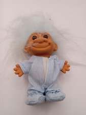 Vintage Russ 5 Troll Doll Light Blue Grey Hair Striped Pajamas Hospital Patient