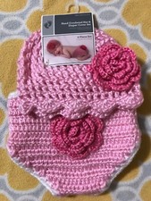 Pink hand crocheted hat and diaper cover set, 0-9M, rose flower, Walmart, new