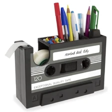 Cassette Tape Dispenser Pen Holder Vase Pencil Pot Stationery Desk (Black)