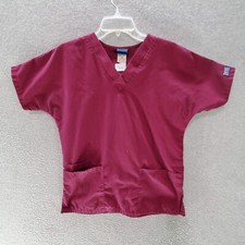 Cherokee Women Scrub Top 2XS Maroon Logo Patched Pockets Short Sleeve V Neck