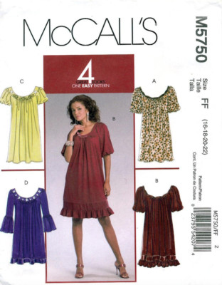 McCalls 5750 Damen Kleid Tunika Oberteil Locker Sommer Lagenlook Jersey Neu Ungeschnitten Muster