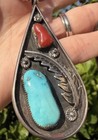 Old Pawn Navajo Sterling Turquoise Coral 2.5” Teardrop Pendant on Pearls Sgd CW — photo 2