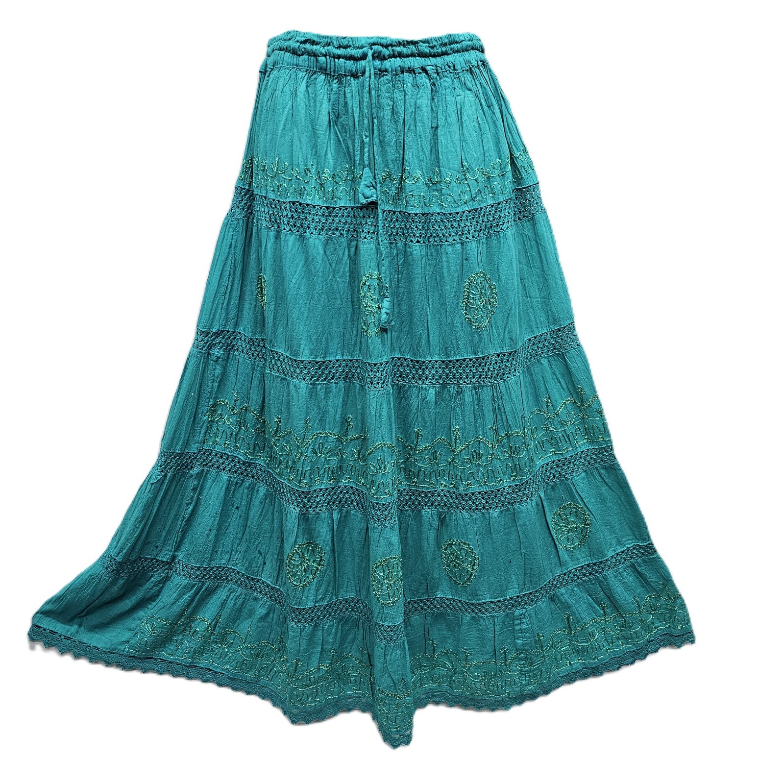 Cotton Maxi Skirt Bohemian Embroidered Fully Lined JADE GREEN Size S M L XL XXL-image