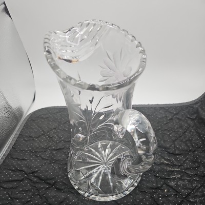 American Brilliant Period Cut Glass Pitcher Etched Flowers and Cut Leaf Design
