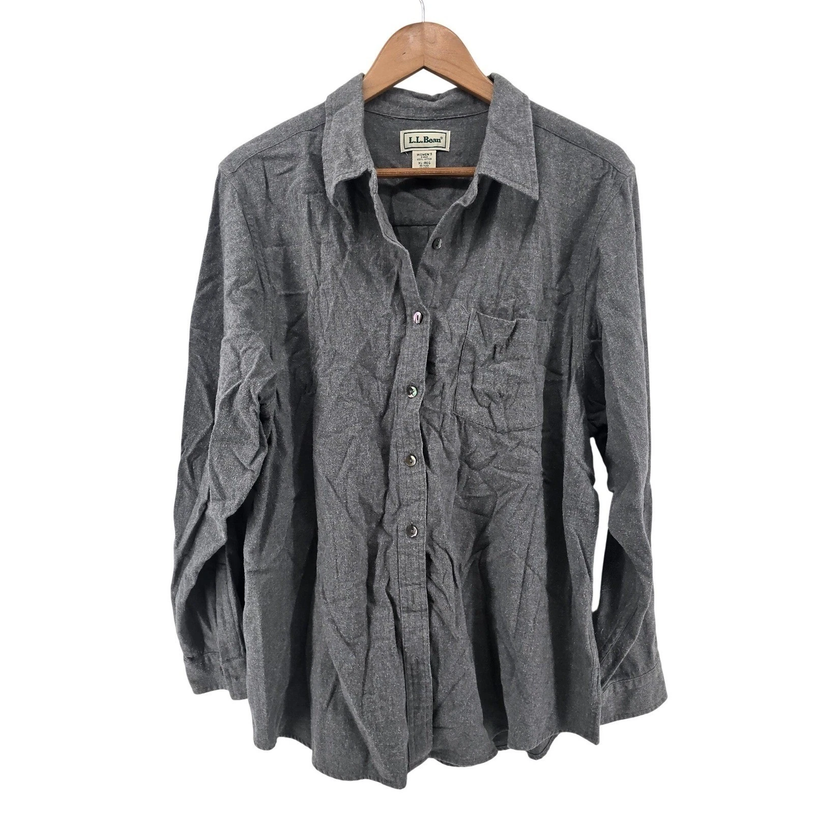L.L. Bean Button Front Shirt Womens XL Gray Cotton Flannel Long Sleeve Pocket