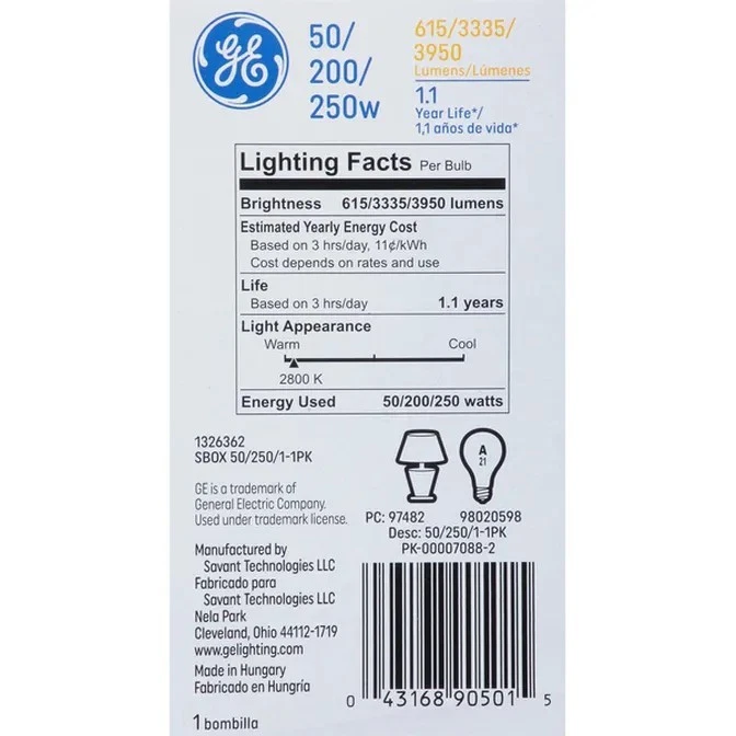 GE Soft White - 3 Way - Light Bulb - 50/200/250 - A21 - Image 3 of 3