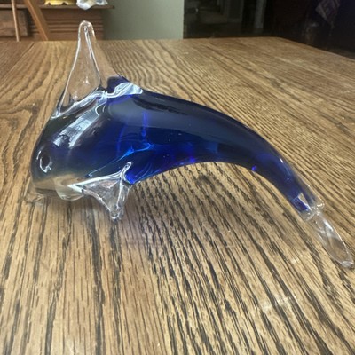Dolphin Art Glass Blue Clear Paperweight Figurine Nautical 7 x3 Murano Style