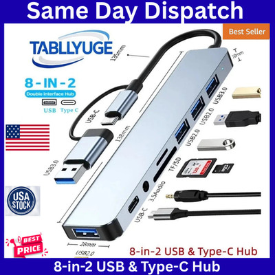 TYPE-C Hub USB3.0 Hub 8 in 2 USB Extender with SD/TF Card Reader& 3.5mm Audio