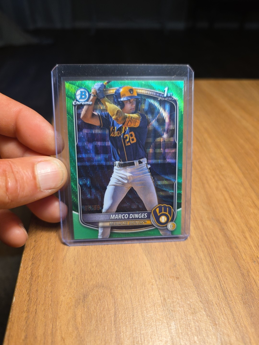 2025 Bowman Chrome Marco Dinges Green Wave Refractor #/99 SP 1st Bowman Brewers