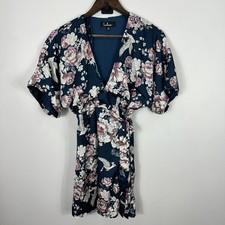 Lulus Dress Womens XS Blue Floral Crane Kimono Wrap Feminine Cottage Y2K Glam