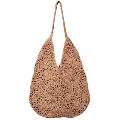 Crochet Beach Bag Khaki Woven Tote Casual Hobo Purse