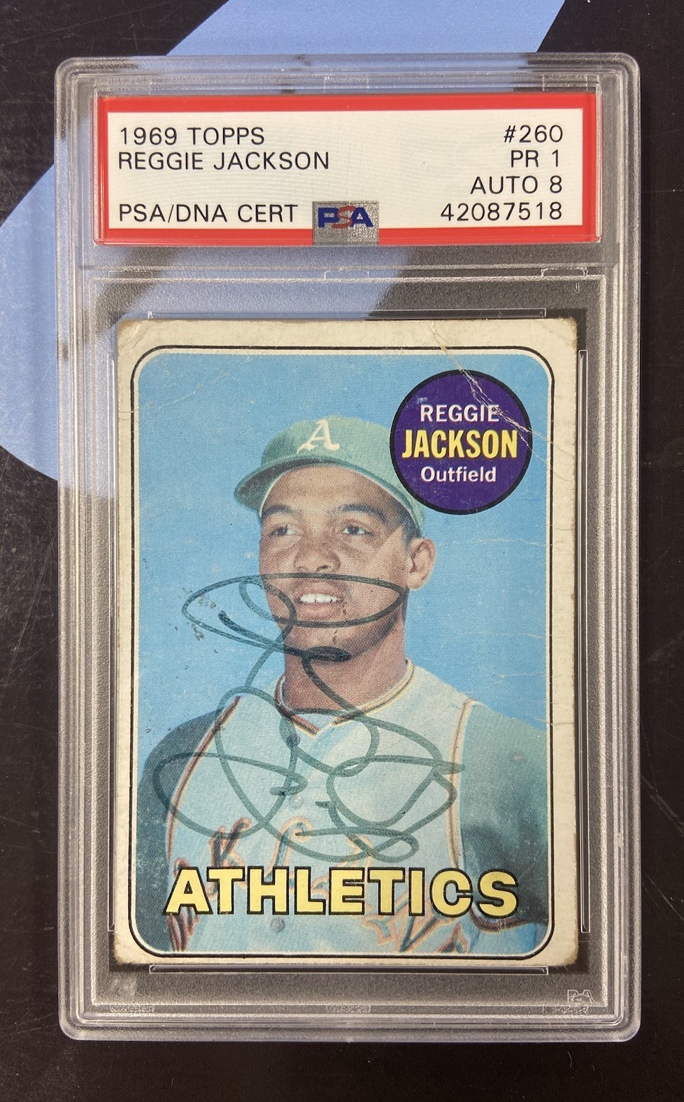 Reggie Jackson Signed 1969 Topps Rookie #260 PSA DNA Autograph Grade 8 PSA 1