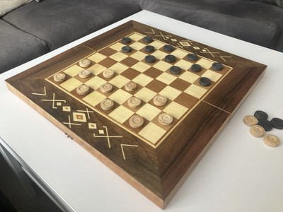 Großes Vintage Intarsien Holz Backgammon Schach Figuren Dame Brettspiel klappbar