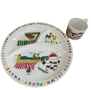 Interpur 1985 Kids Farm Scene Alphabet Plastic Divided Plate & Cup Set