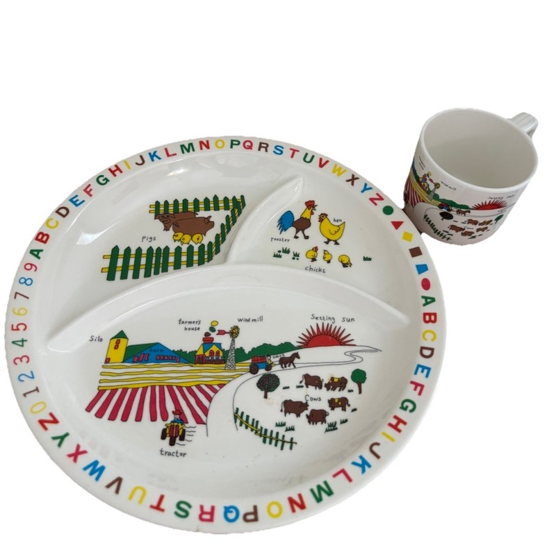 Interpur 1985 Kids Farm Scene Alphabet Plastic Divided Plate & Cup Set