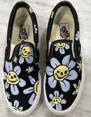 Vans Trippy Grin Floral Slip On Shoes Womens 8 Smiley Daisy Black Canvas Rare
