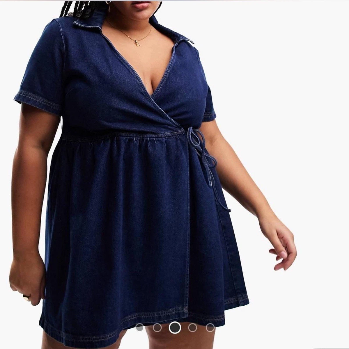 plus size denim dress asos ASOS DESIGN Curve denim long sleeve mini dress with extreme collar in midwash blue