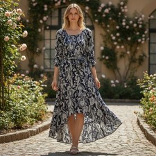 Talbots Plus Petite XP Midi Dress Blue White Paisley Flounce Hem Blouson Sleeve