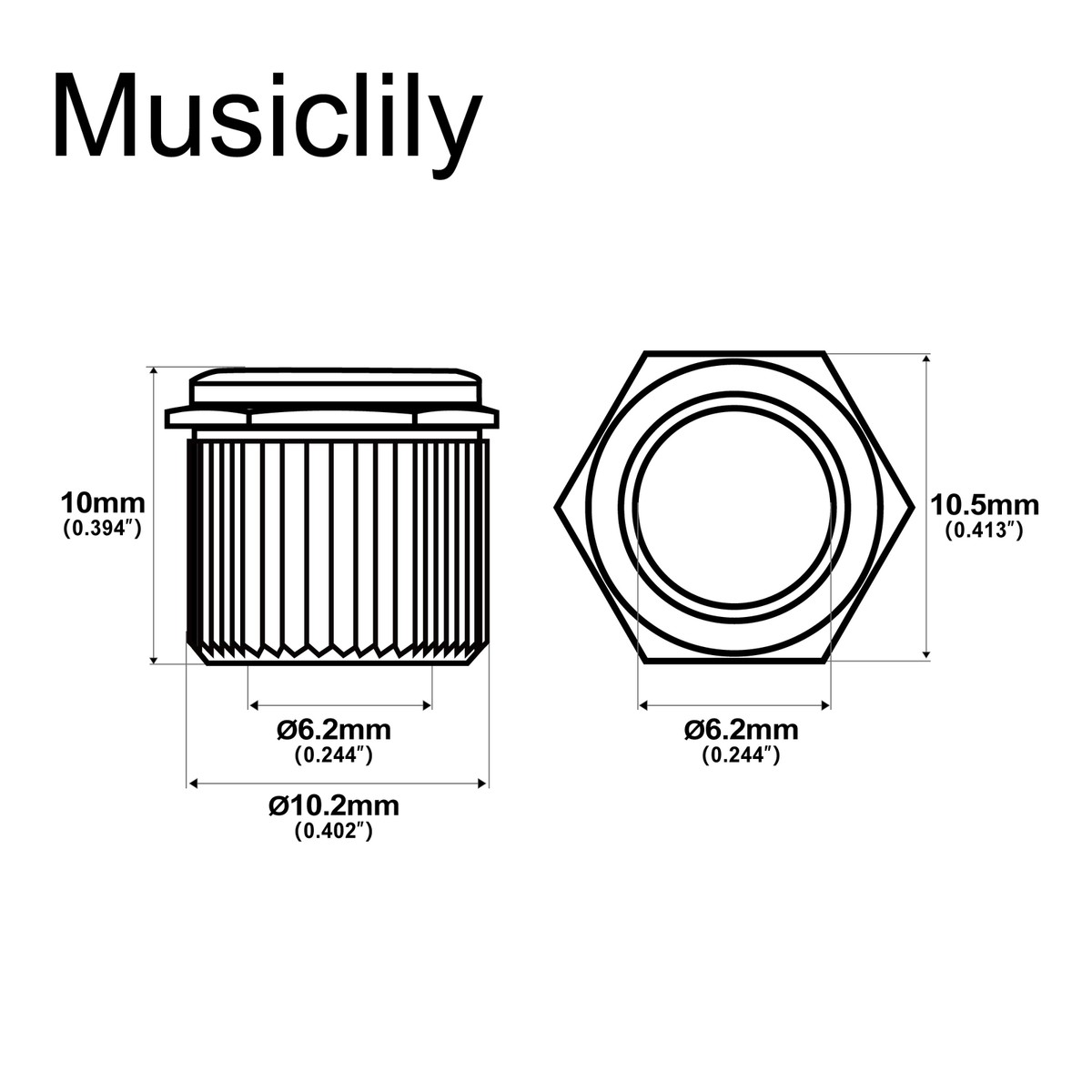 Musiclily Ultra 6Pcs Nickel Brass Hex Vintage 6mm to Modern