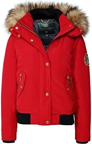 Womens Holland Cooper Cortina Down Jacket Bomber Poppy Red Hooded Fur Size  S