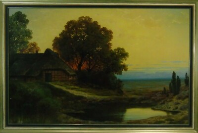 Norddeutsche Künstler Wilhelm Mohrmann Heidelandschaft mit Haus Ölgemälde 