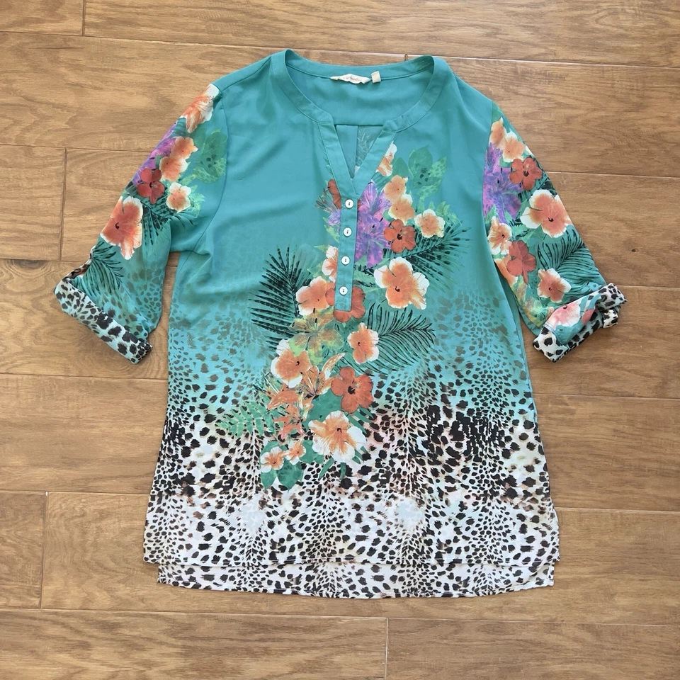 Top túnica Soft Surroundings talla M tropical transparente leopardo verde azulado floral Foto 2 de 4