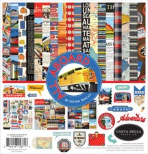 Carta Bella Kit ALL ABOARD 12 Double-Sided Papers 1 Sticker Page Trains NEW