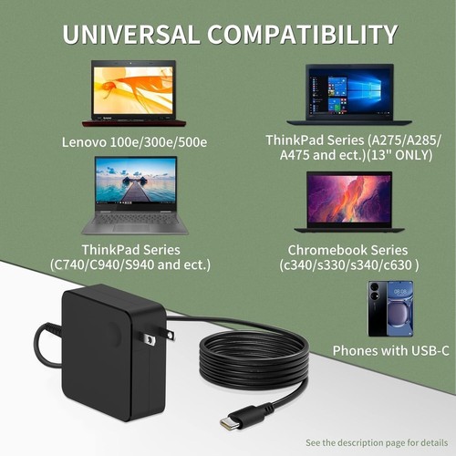 Genuine Lenovo 65w USB-C AC Adapter Charger Chromebook ThinkPad IdeaPad Yoga - Picture 3 of 5