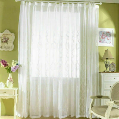 Rideaux En Tulle Voile En Coton Brodé Blanc Avec Panneaux - Photo 1/4