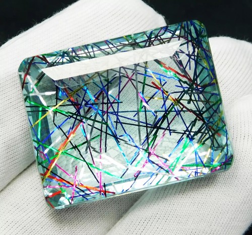38.50 Ct Emerald Cut Multicolor Rutilated Quartz Loose Gemstone - Picture 3 of 5