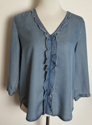 Marco Polo Damen Bluse Langarm Mit Rüschel Blau Gr.36 100% Lyocell