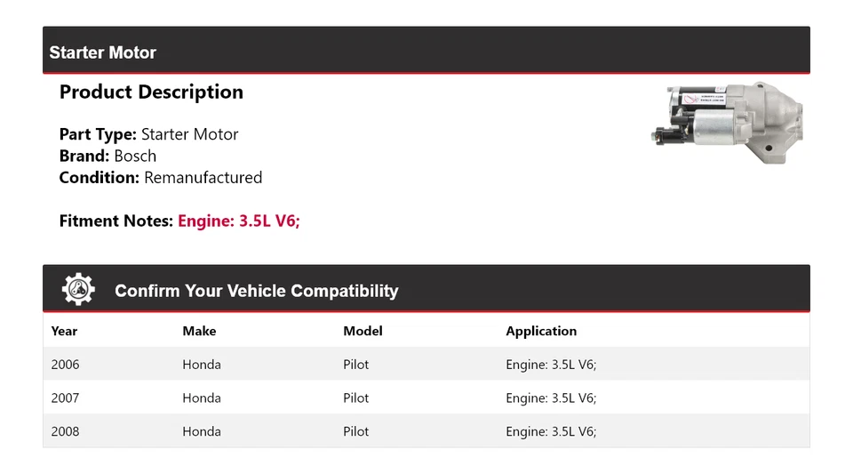 Motor De Arranque Bosch V6 3.5L 2006-2008 Honda Pilot (Remanufacturado) 2007 Foto 2 de 4