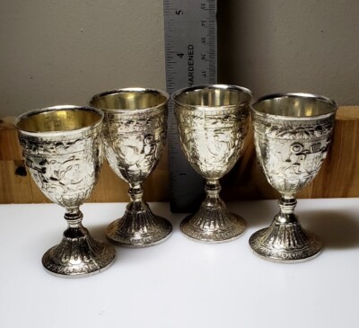 Set Of 4 Vintage Silverplate Ornate Wine Goblets 3½