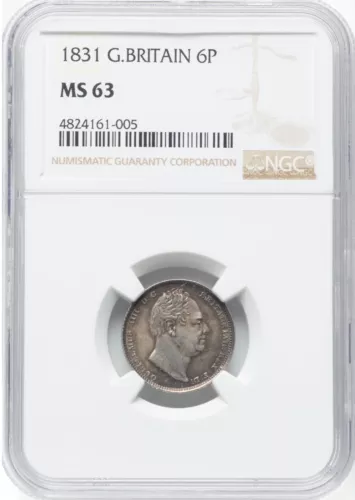 ENGLAND WILLIAM IV  1831  SIXPENCE  SILVER COIN, UNCIRCULATED CERTIFIED NGC MS63