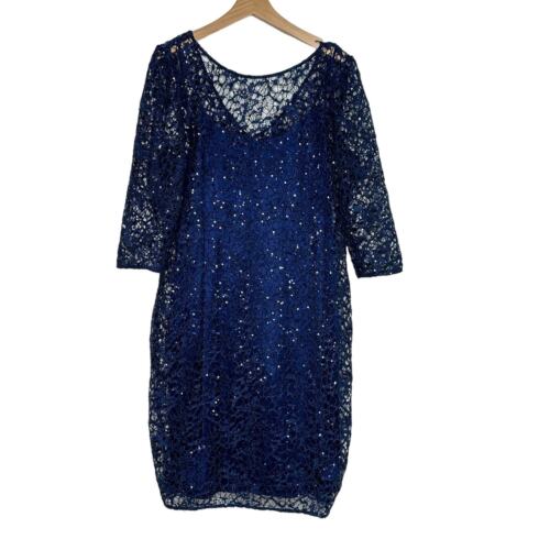 Alex Evenings 14 blue glittery lace overlay crochet 3/4 sleeve dress Whimsigoth - Picture 3 of 7