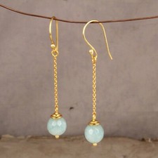 Gemstone Jewelry For Gift Gold Plated Long Chain Earring With Aqua Chalcedony