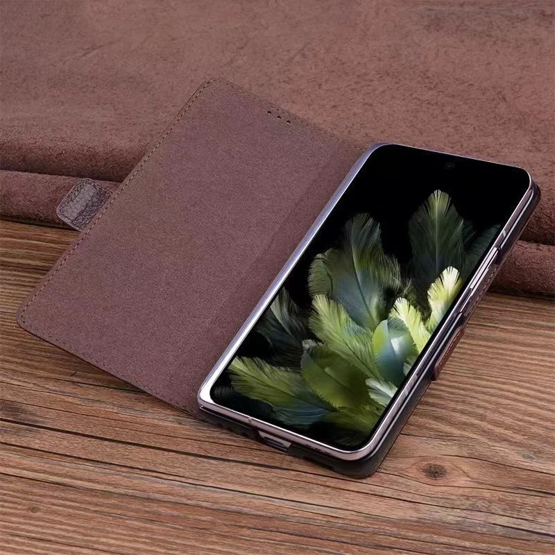 Genuine Leather Flip Case For OnePlus OPEN Crocodile Grids Grain Holder Cover - Image 4 of 4