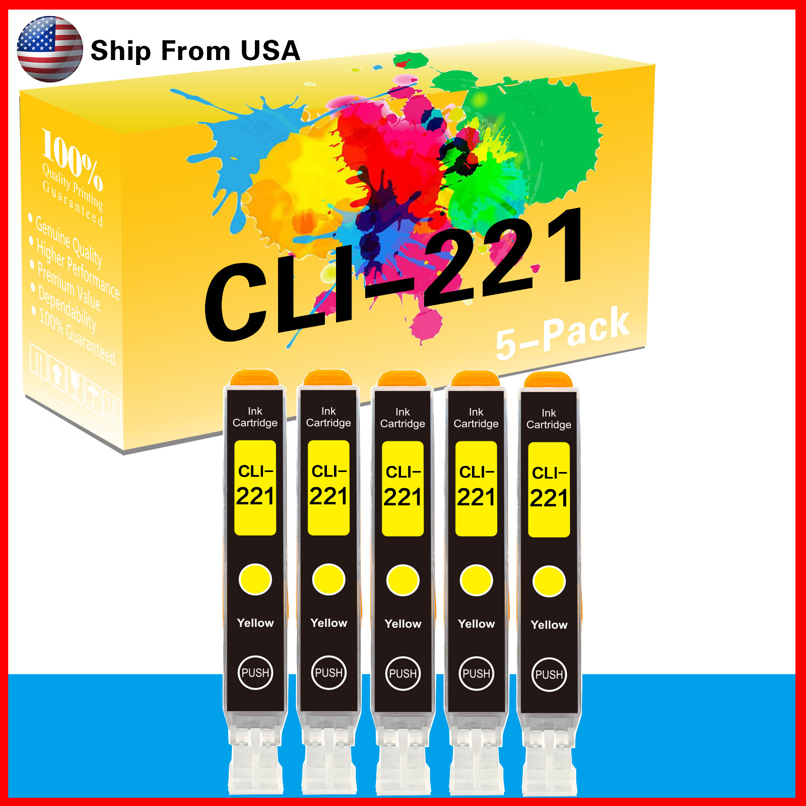 5PK (Yellow) CLI221 CLI-221 Ink Cartridge for Pixma MX870 MP550 iP3600 Printer