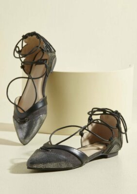 NWOB Modcloth ''Flourish-Name Basis Vegan Flat'', Black & Silver, Lace Up, 9, $50