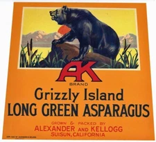 A K Vintage Grizzly Island Asparagus Crate Label *An Original Crate Label*, Bear