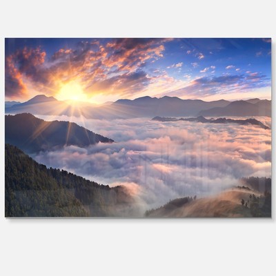 Bright Sun in Misty Mountains - Landscape Photo Glossy Metal Blue 40 in. wide x
