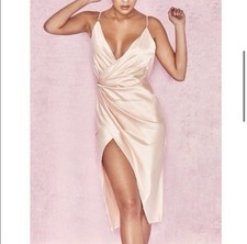 HOUSE OF CB Blush Pink Satin Bodycon Wrap Dress Strappy Hi Low Size Medium