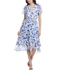 Vince Camuto Floral Tiered Chiffon Midi Dress XL Blue White Flutter Sleeve Smock