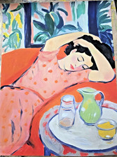 Hand Painted Acrylic on Canvas Painting "Resting on a Sofa". Signed